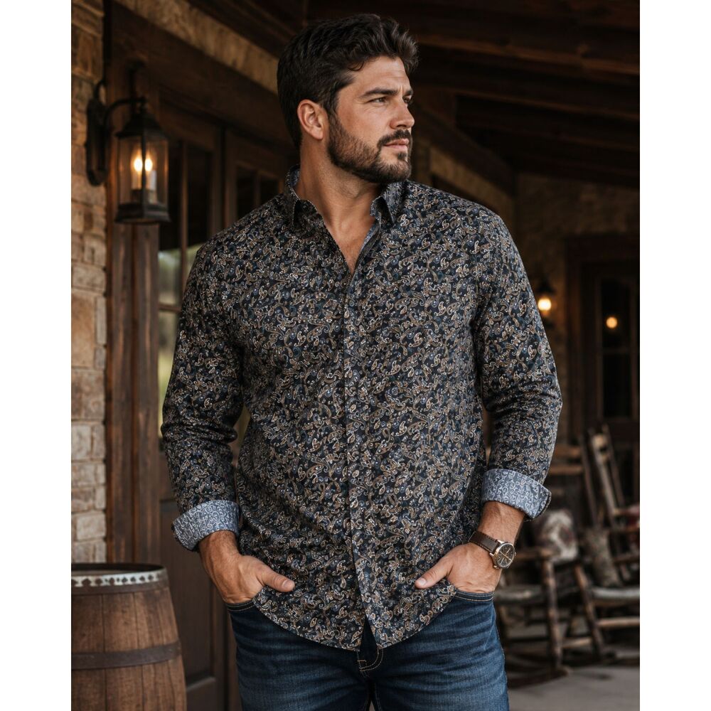 Cody James Paisley Button Down Shirt 2XL Black Blue Tan Western Stretch Cotton